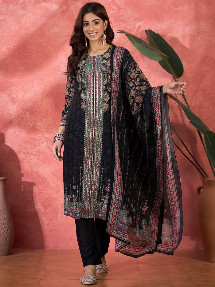 Charcoal Black Silk Kurti With Floral Yoke