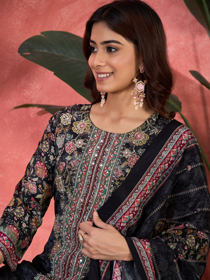 Charcoal Black Silk Kurti With Floral Yoke