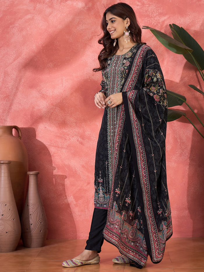Charcoal Black Silk Kurti With Floral Yoke