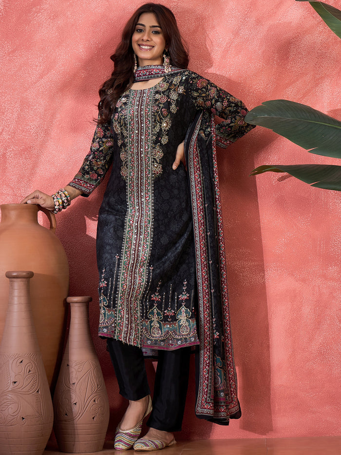 Charcoal Black Silk Kurti With Floral Yoke