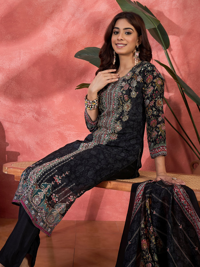 Charcoal Black Silk Kurti With Floral Yoke