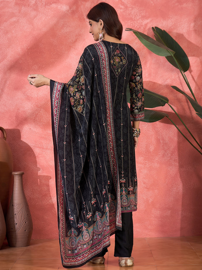 Charcoal Black Silk Kurti With Floral Yoke