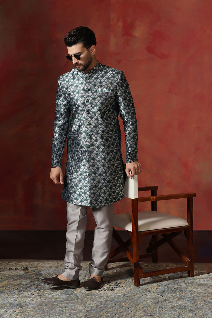 Charcoal Grey Cotton Blend Printed Sherwani Set