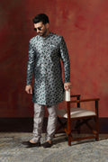Charcoal Grey Cotton Blend Printed Sherwani Set