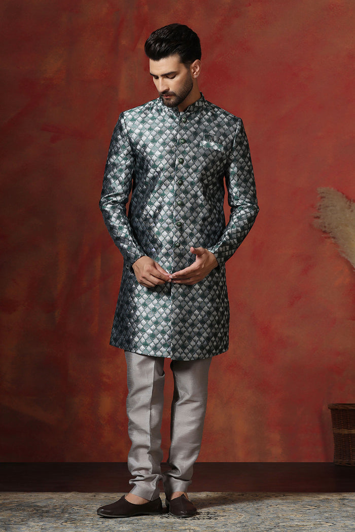 Charcoal Grey Cotton Blend Printed Sherwani Set