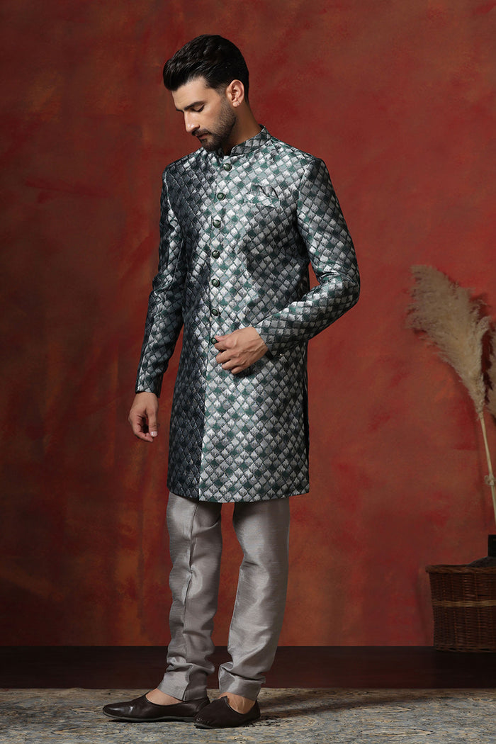 Charcoal Grey Cotton Blend Printed Sherwani Set