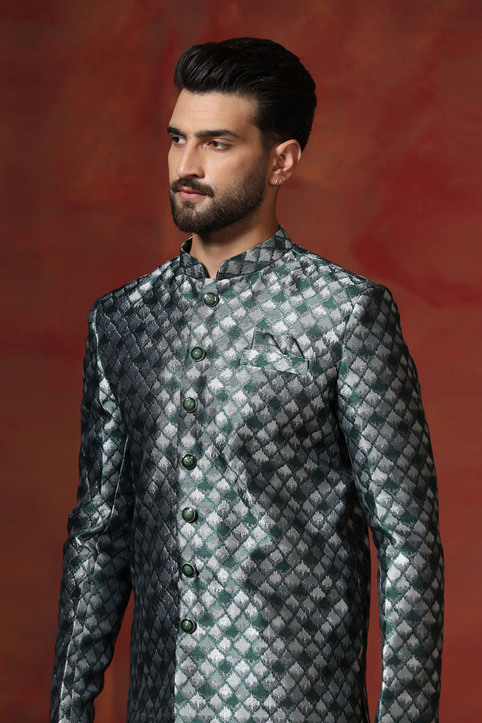 Charcoal Grey Cotton Blend Printed Sherwani Set