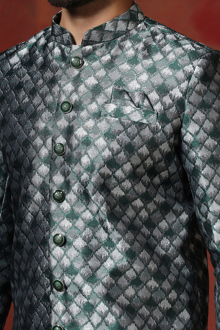 Charcoal Grey Cotton Blend Printed Sherwani Set