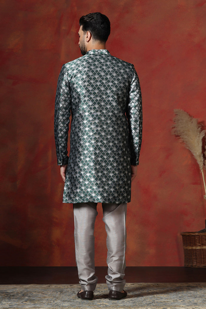 Charcoal Grey Cotton Blend Printed Sherwani Set