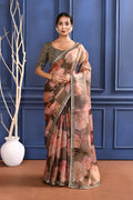 Charcoal Grey Floral Printed Tissue Saree