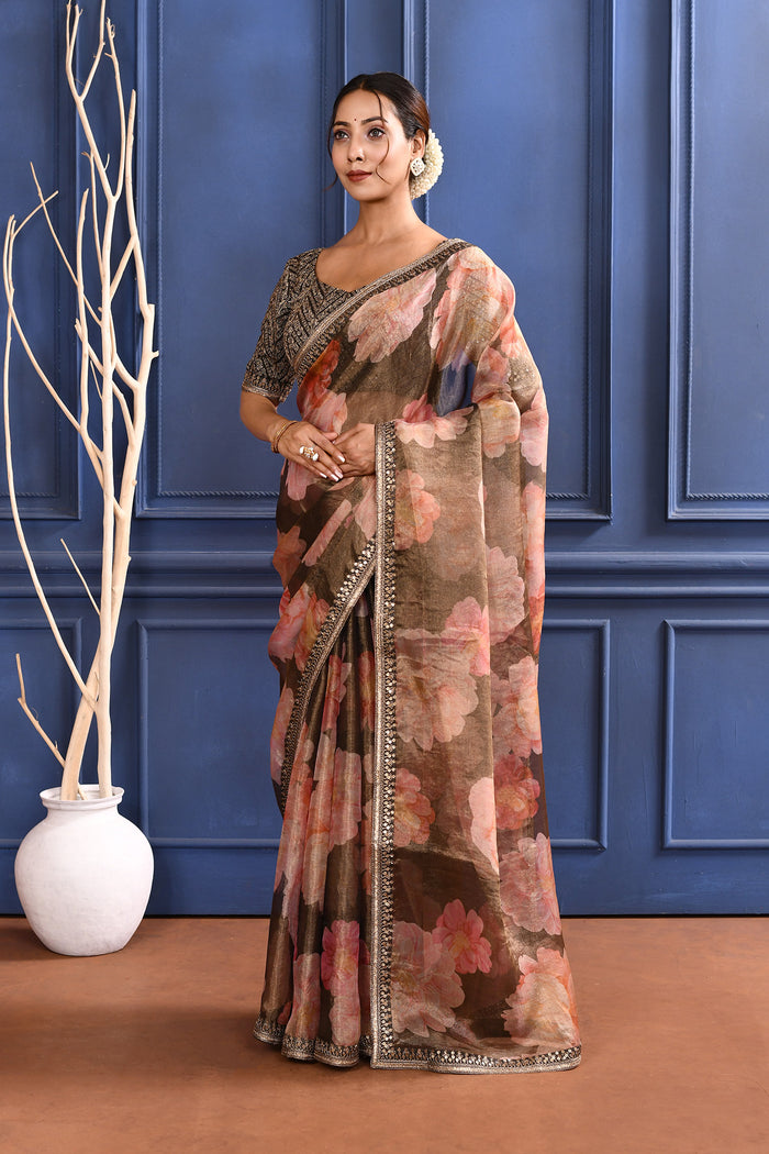 Charcoal Grey Floral Printed Tissue Saree