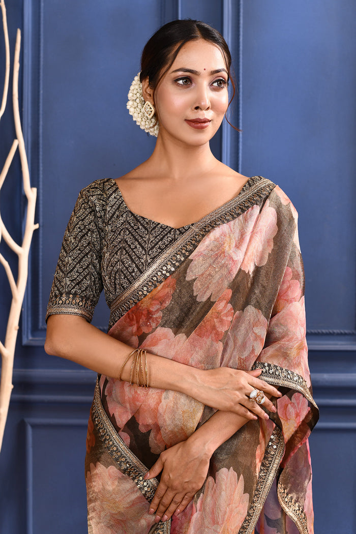 Charcoal Grey Floral Printed Tissue Saree