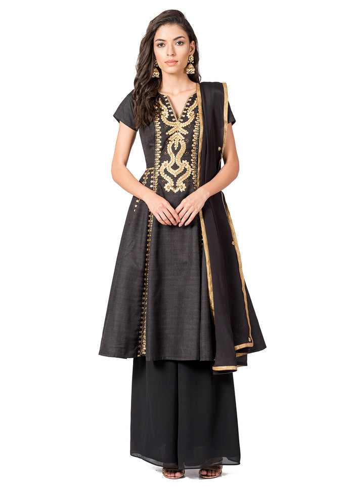Charcoal Grey Gold Embroidered Sharara Set