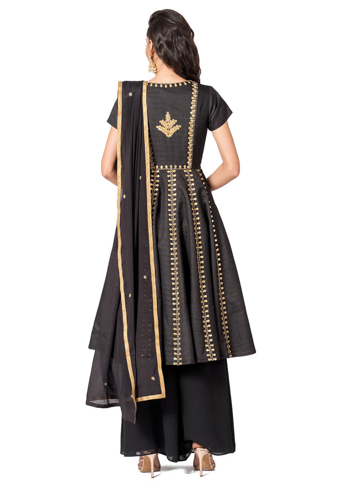 Charcoal Grey Gold Embroidered Sharara Set