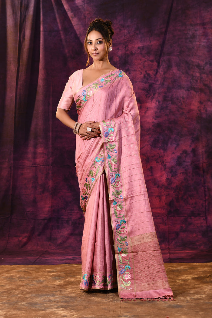 Charming Light Pink With Meenakari Floral Border Chanderi Saree