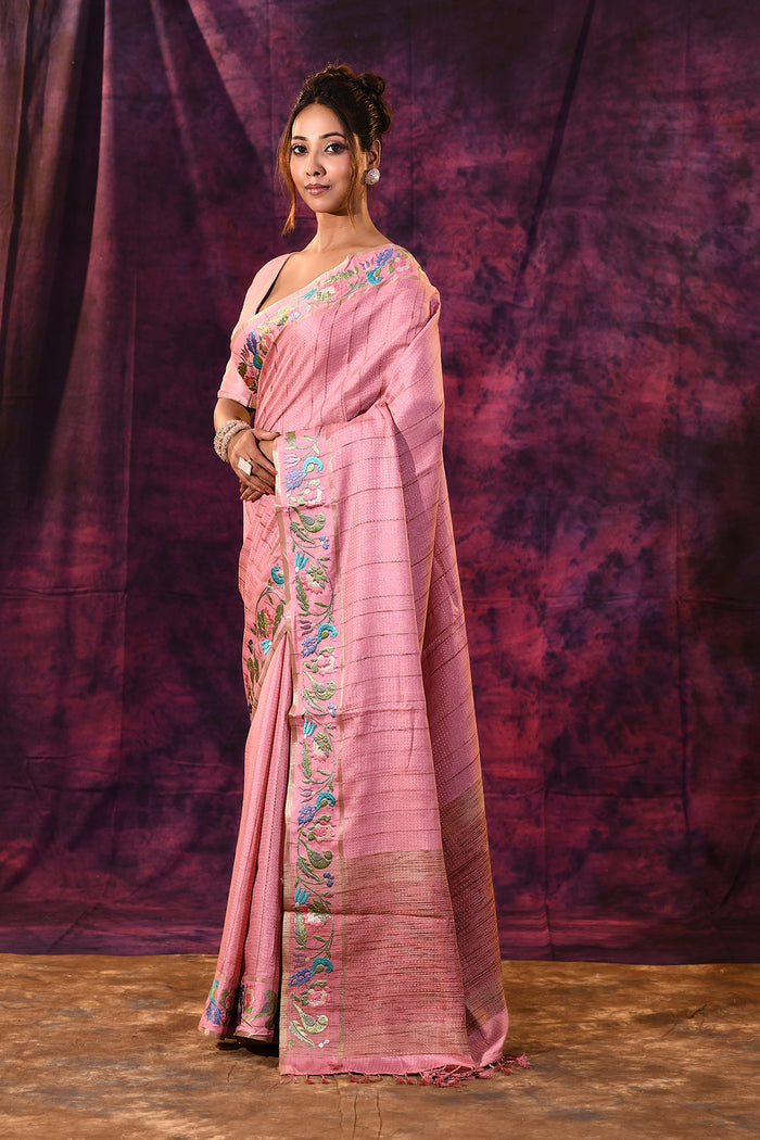 Charming Light Pink With Meenakari Floral Border Chanderi Saree