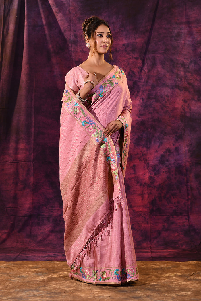 Charming Light Pink With Meenakari Floral Border Chanderi Saree