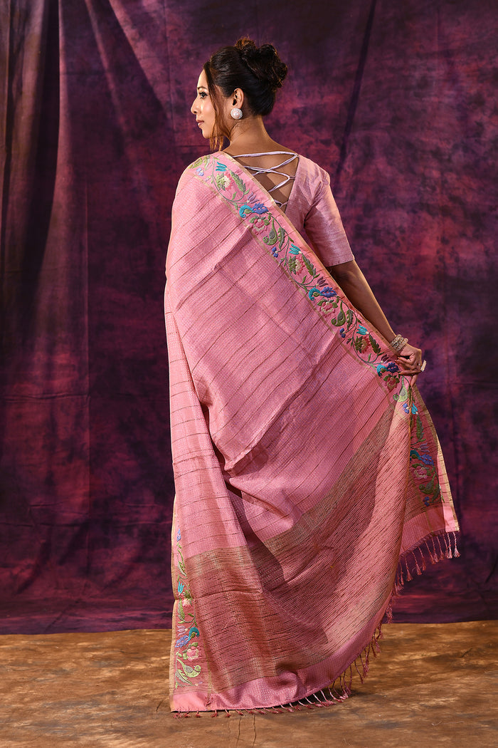 Charming Light Pink With Meenakari Floral Border Chanderi Saree