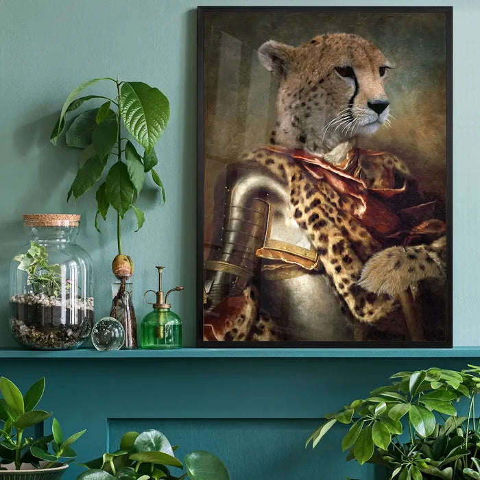 Cheetah Portrait Print, quirky altered art print black framed on a living room shelf