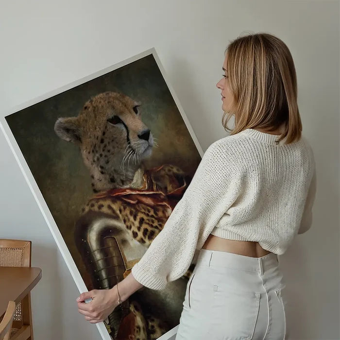 Cheetah Portrait Print held up against a living room wall