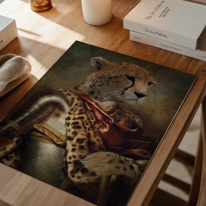 Cheetah Portrait Print, quirky altered art print unframed on a home office desk