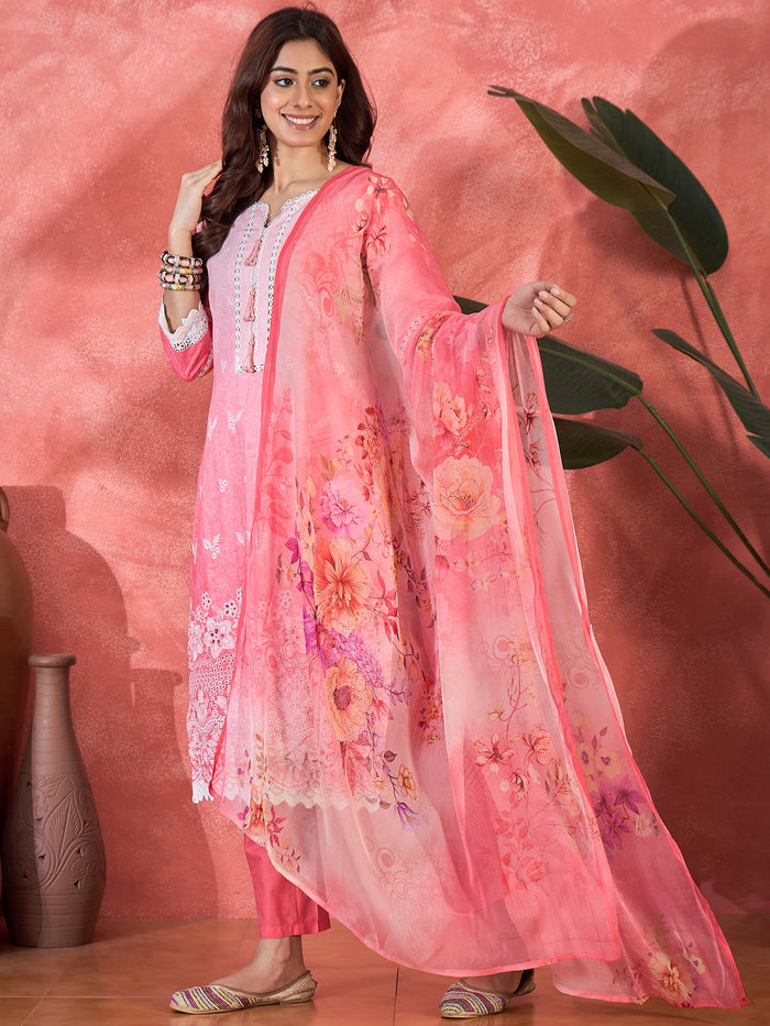 Cherry Blossom Pink Embroidered Cotton Kurta Set