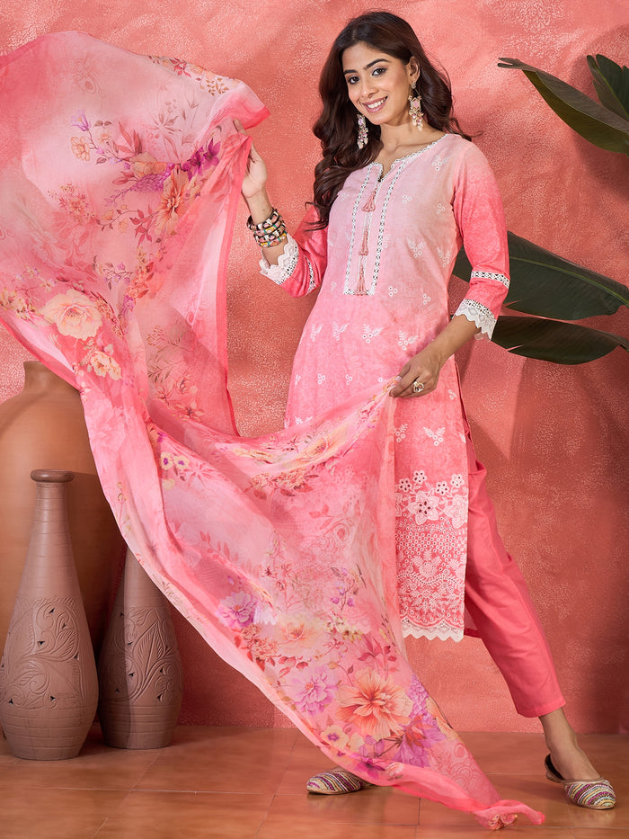 Cherry Blossom Pink Embroidered Cotton Kurta Set