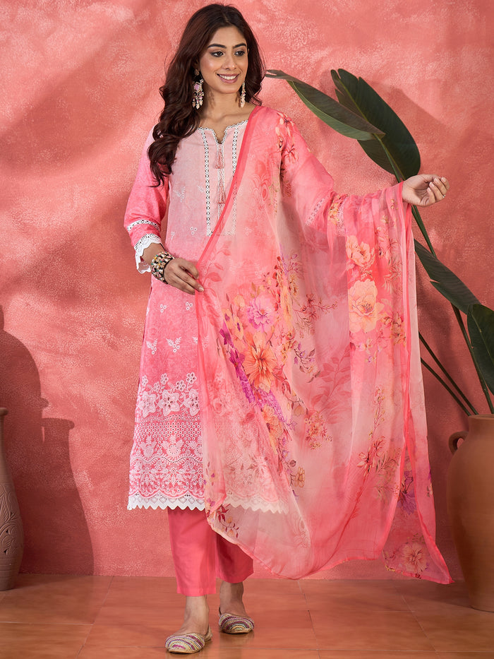 Cherry Blossom Pink Embroidered Cotton Kurta Set
