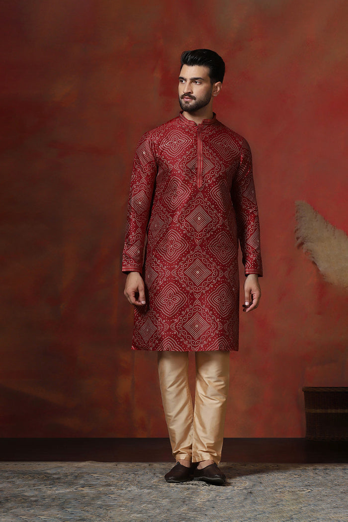 Cherry Red Dupion Embroidered Kurta Set