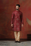 Cherry Red Dupion Embroidered Kurta Set