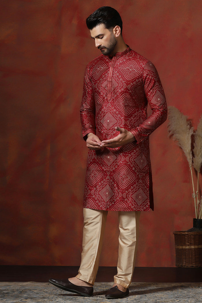 Cherry Red Dupion Embroidered Kurta Set