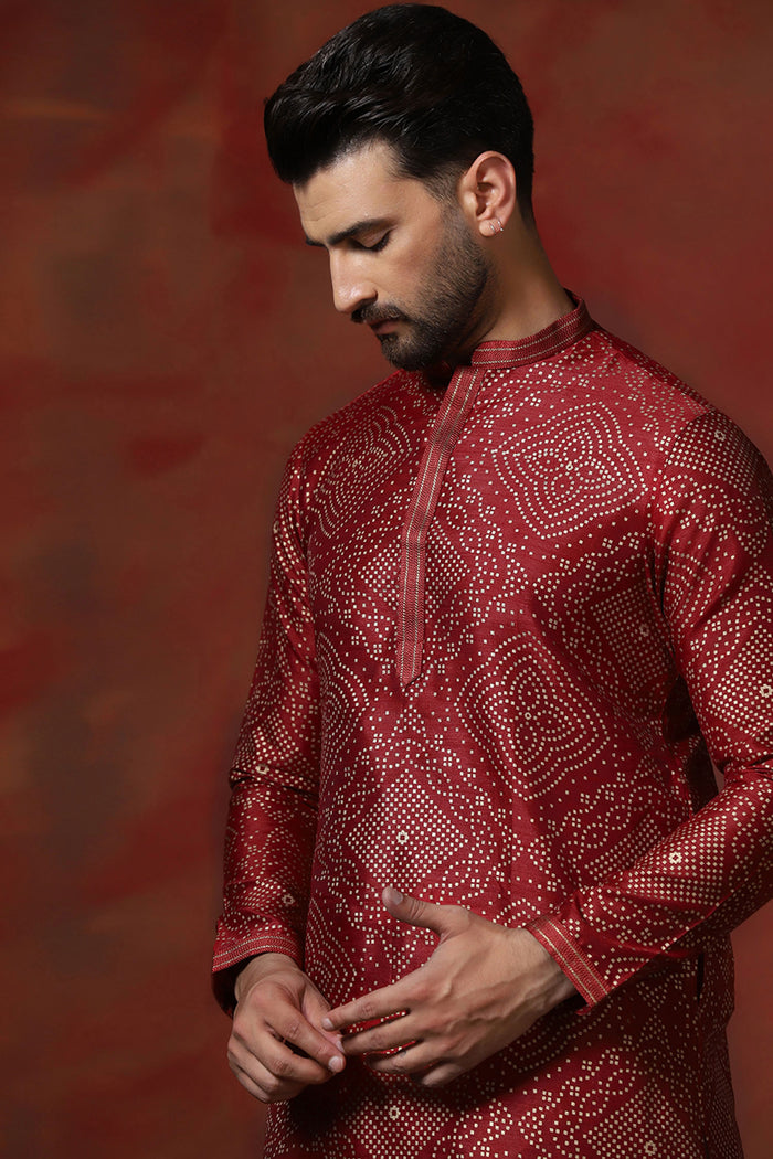 Cherry Red Dupion Embroidered Kurta Set
