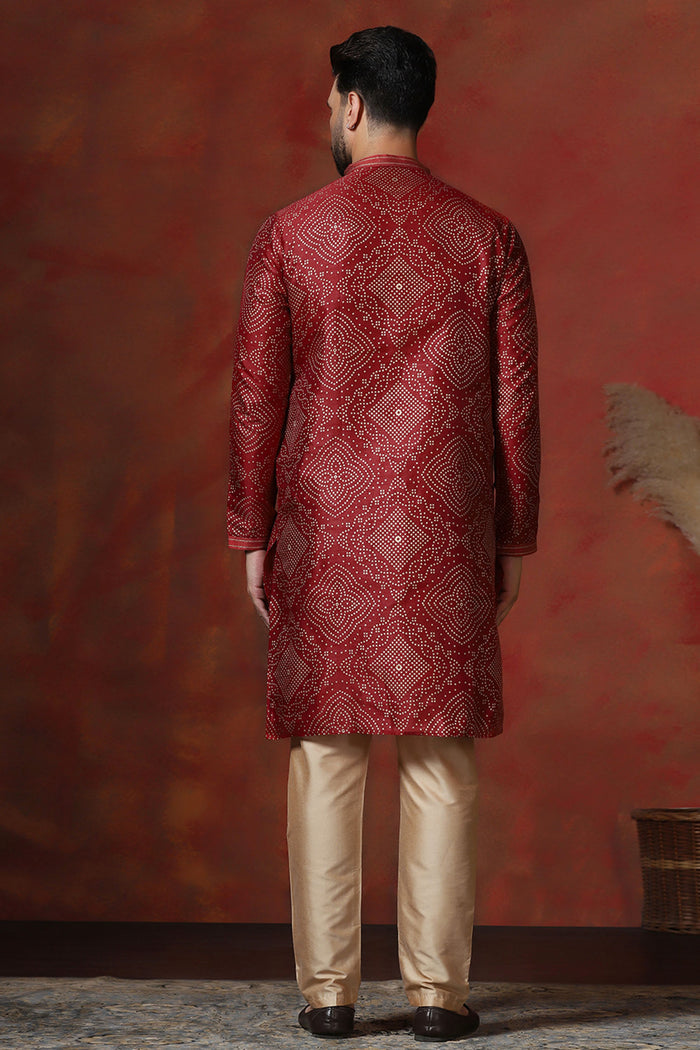 Cherry Red Dupion Embroidered Kurta Set