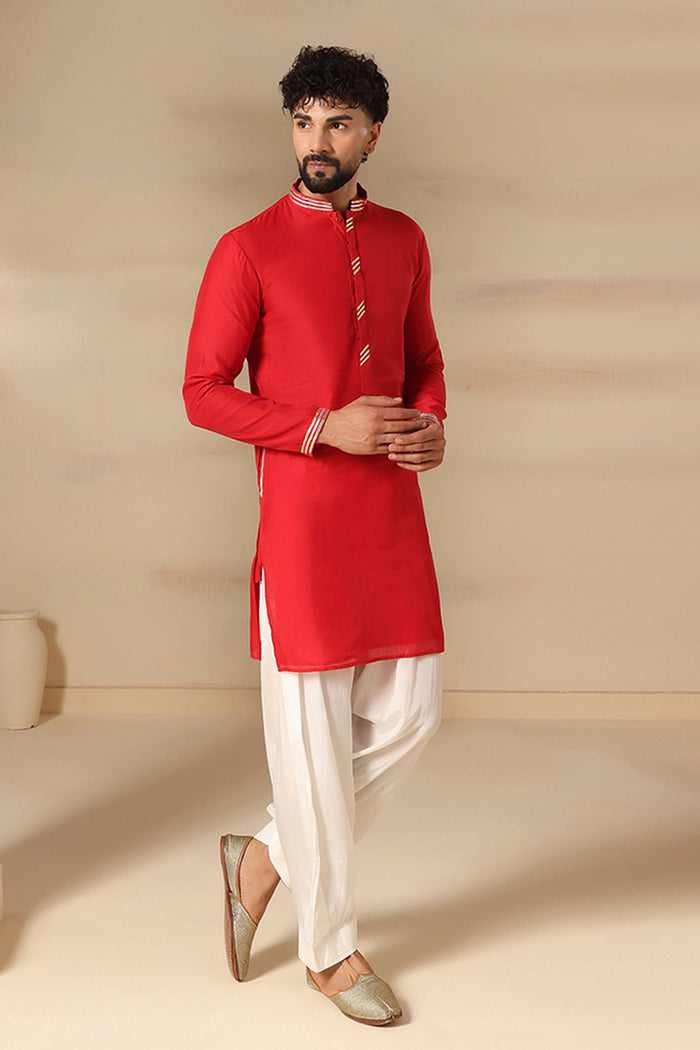 Cherry Red Striped Trim Kurta