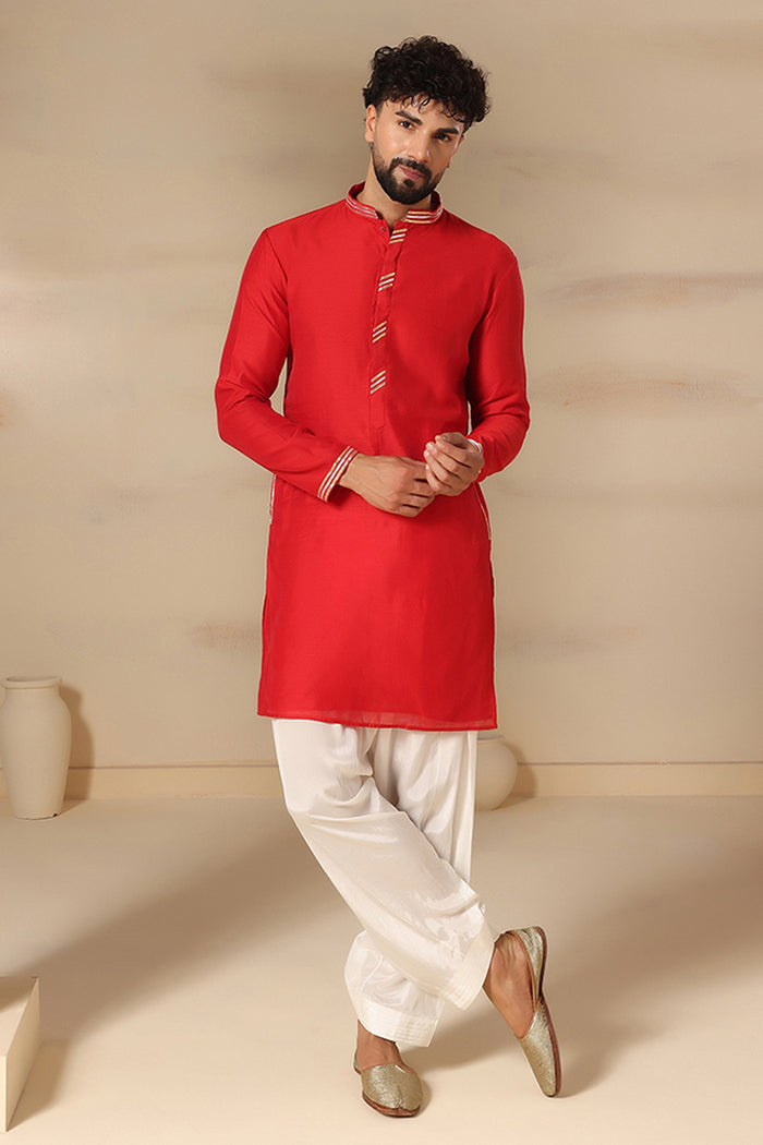Cherry Red Striped Trim Kurta