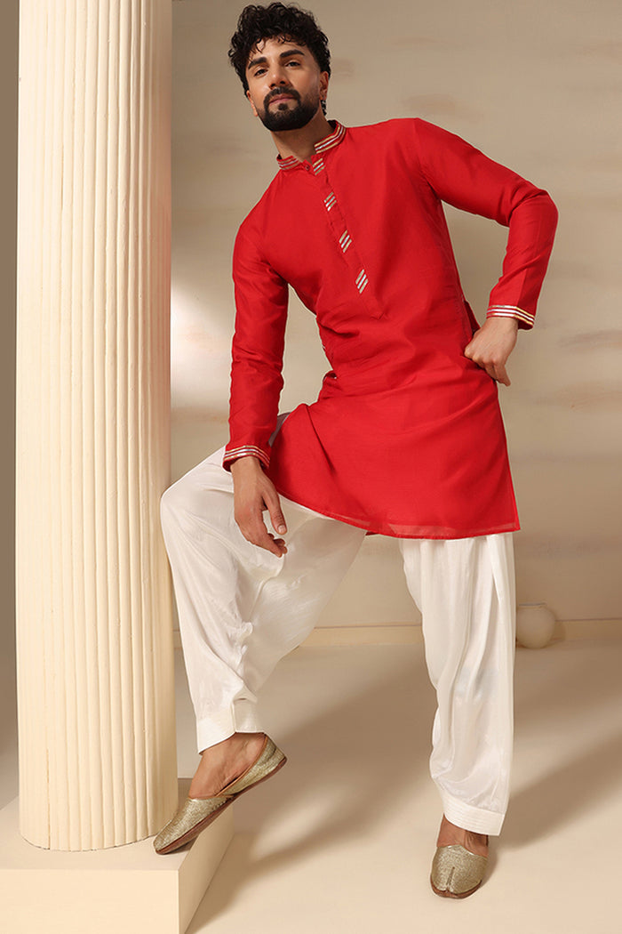 Cherry Red Striped Trim Kurta
