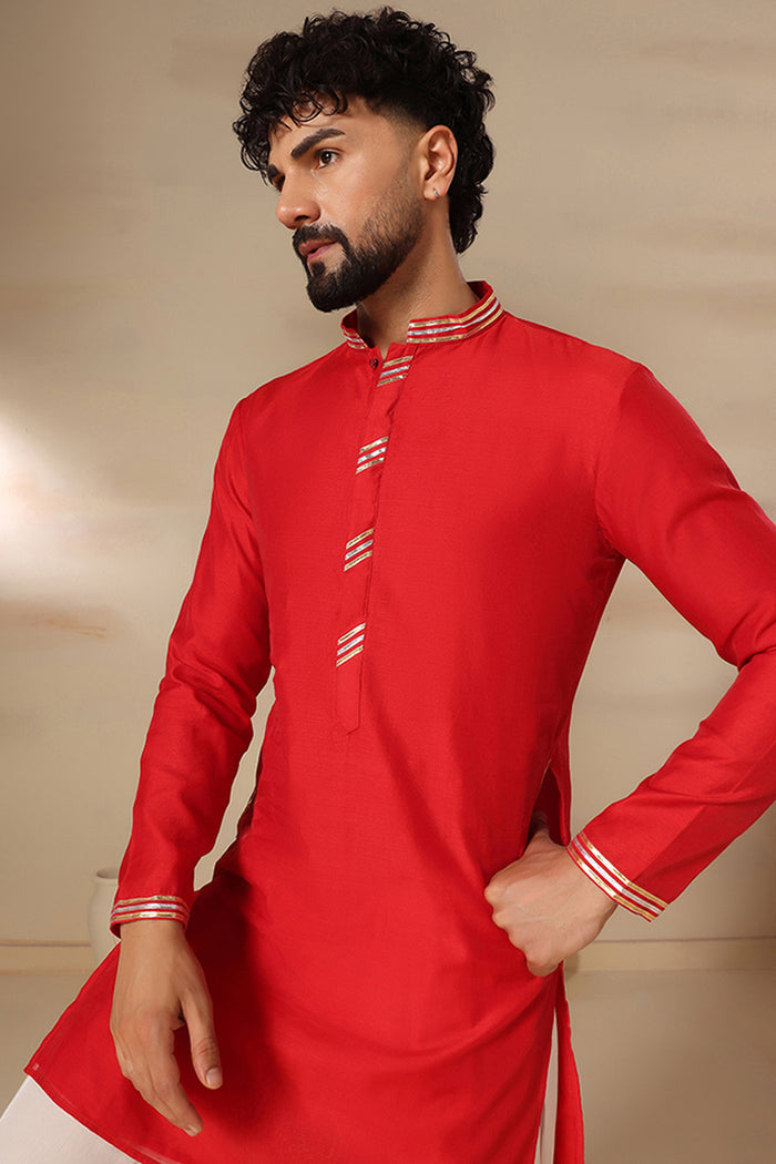 Cherry Red Striped Trim Kurta