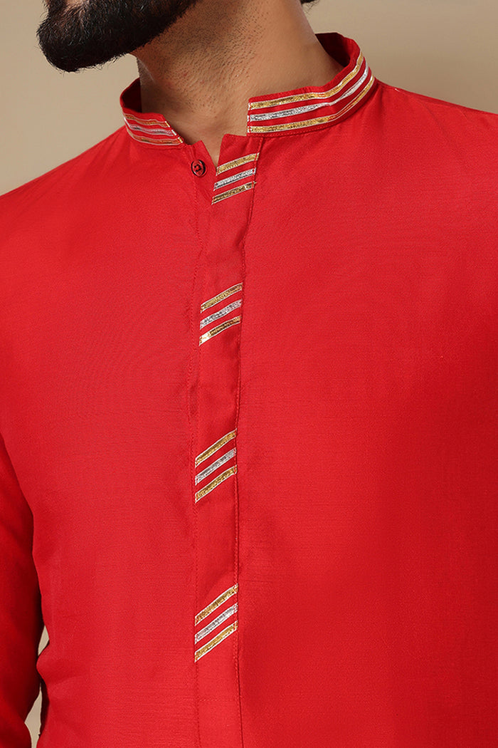 Cherry Red Striped Trim Kurta