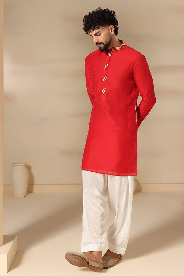 Cherry Red Striped Trim Kurta