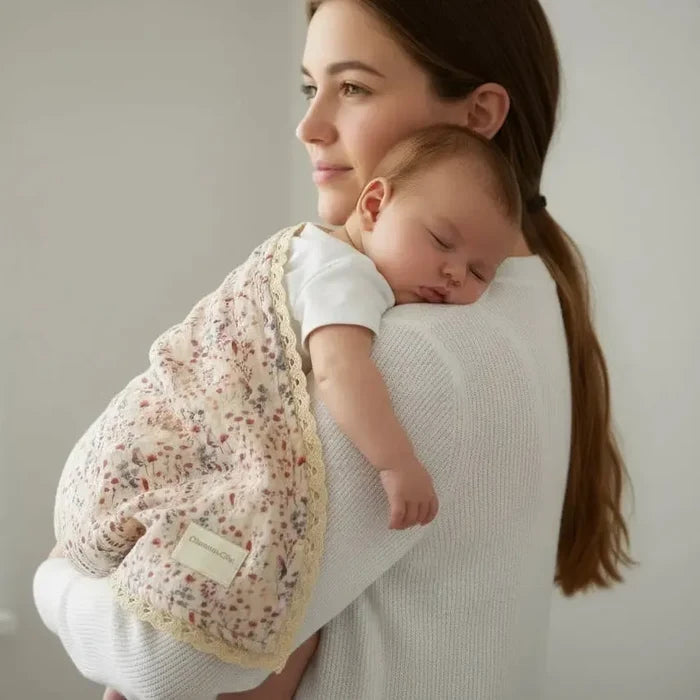 A woman wearing a white ribbed knit top carries a sleeping baby in a soft cream floral baby wrap with a yellow lace trim, set against a minimalist light gray background.