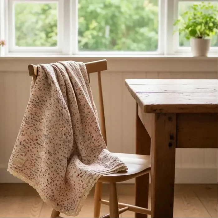 A light beige quilted blanket with a small multicolor floral pattern draped over a wooden chair in a bright, sunlit room with a window, table, and potted plants.