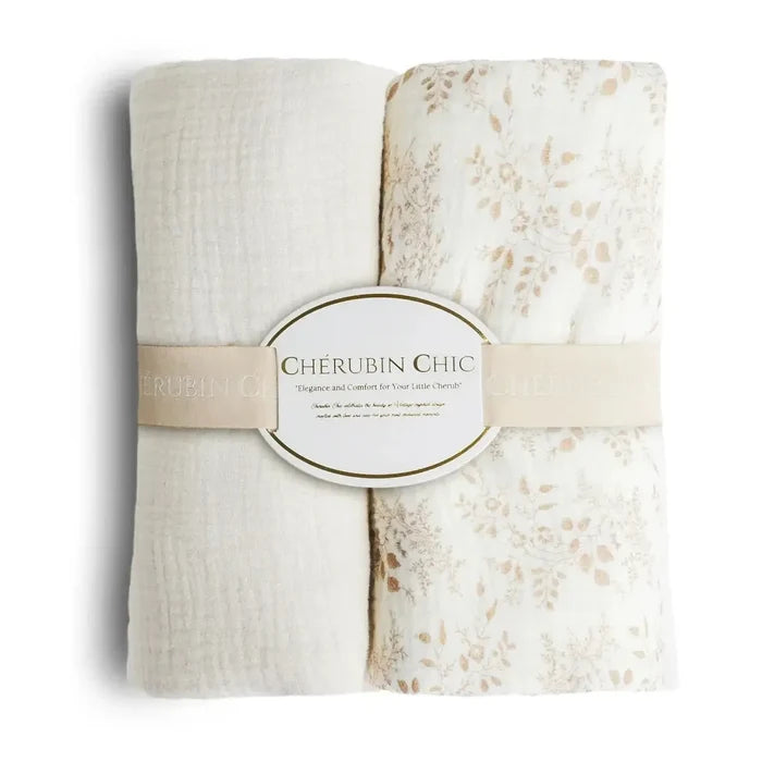 Cherubin Chic - Organic Muslin Baby Blanket 2-Pack - Beige & Floral Taupe-Quilts + Snuggle Blankets-Posh Baby