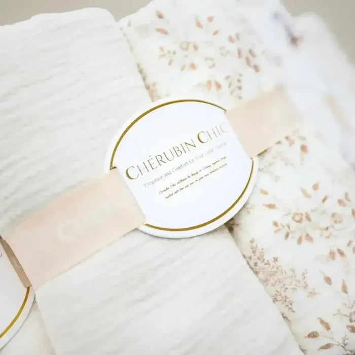 Cherubin Chic - Organic Muslin Baby Blanket 2-Pack - Beige & Floral Taupe-Quilts + Snuggle Blankets-Posh Baby