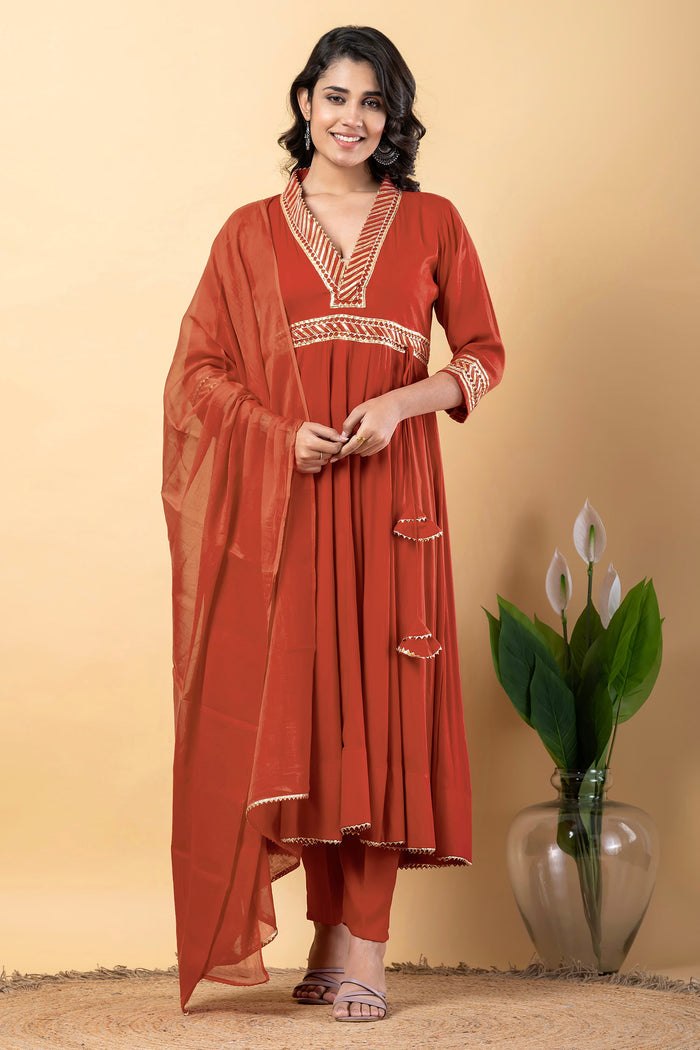 Chestnut Red Rayon Gota Work Anarkali Set
