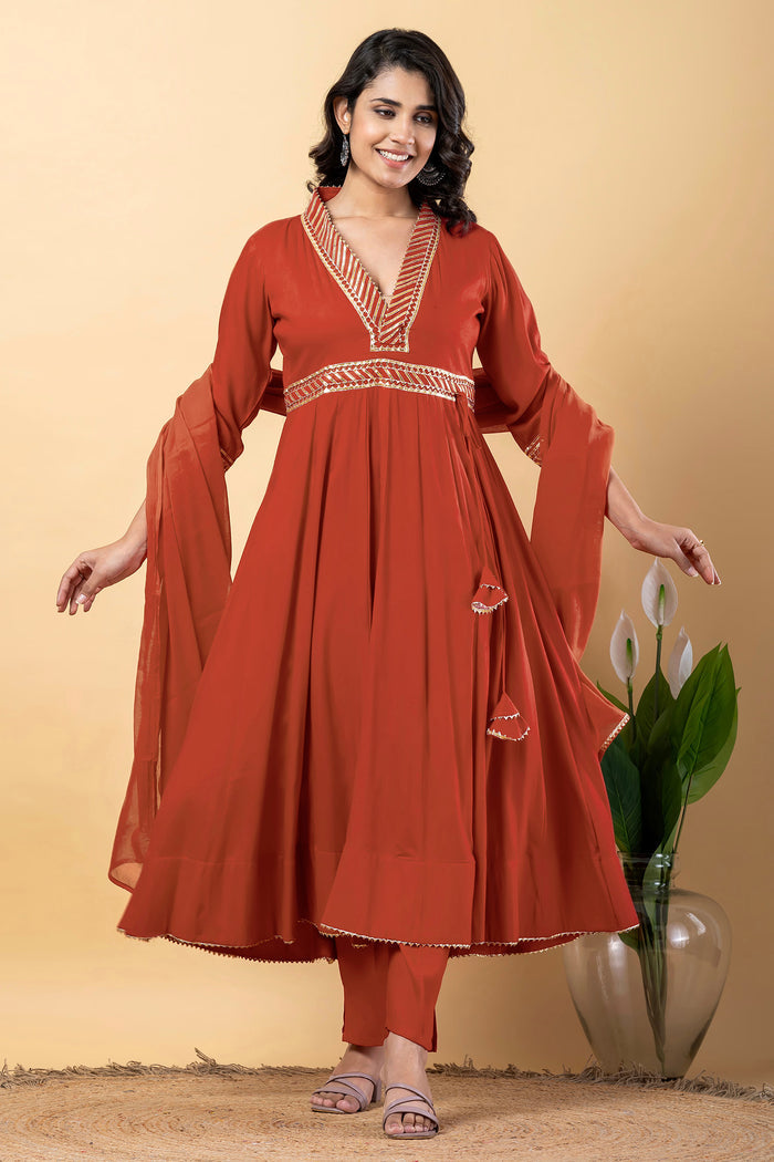 Chestnut Red Rayon Gota Work Anarkali Set