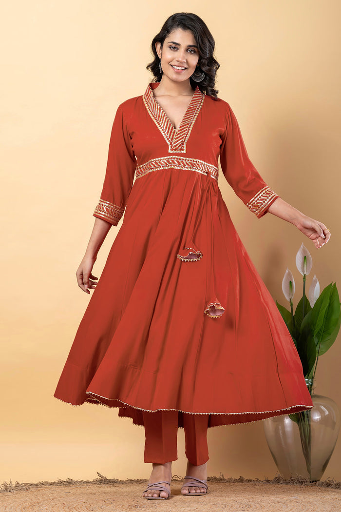Chestnut Red Rayon Gota Work Anarkali Set
