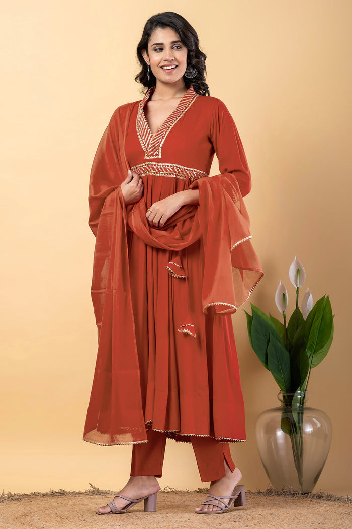 Chestnut Red Rayon Gota Work Anarkali Set