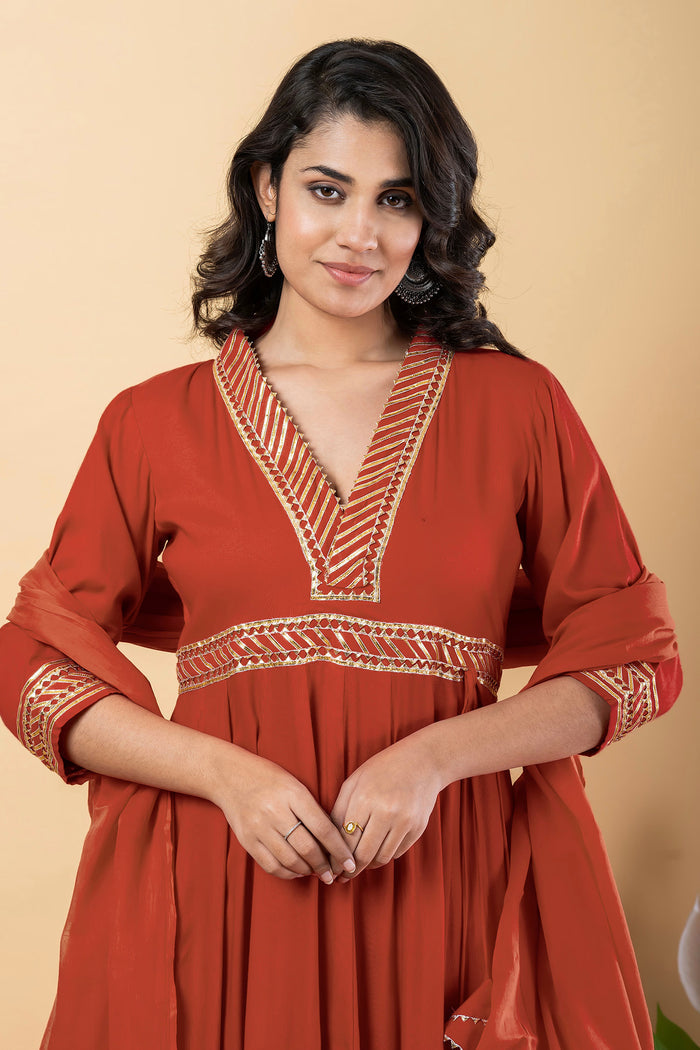 Chestnut Red Rayon Gota Work Anarkali Set
