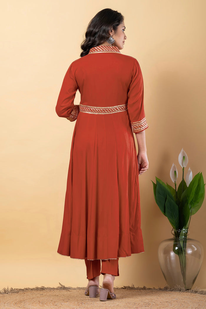 Chestnut Red Rayon Gota Work Anarkali Set