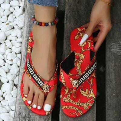 Red women's printed flip flops UK: floral, red chain, black chain – non-slip flat summer sandals FTF Market